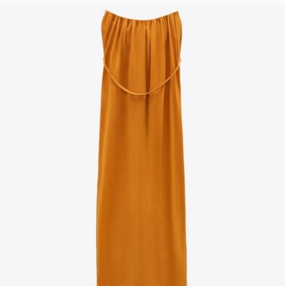 Zara Orange Strapless Tie-Waist Midi Dress